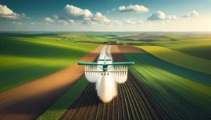 Farm Dictionary -- A vivid and detailed scene of aerial seeding. A small aircraft is flying low over a vast field, releasing seeds onto the land below. The f1